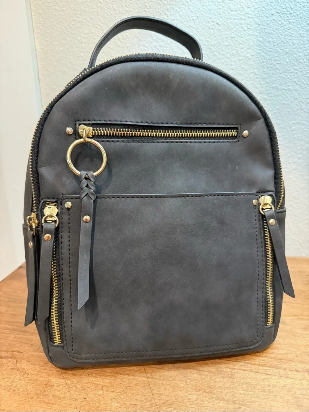 Black Faux Leather Mini Backpack Purse Gold Hardware